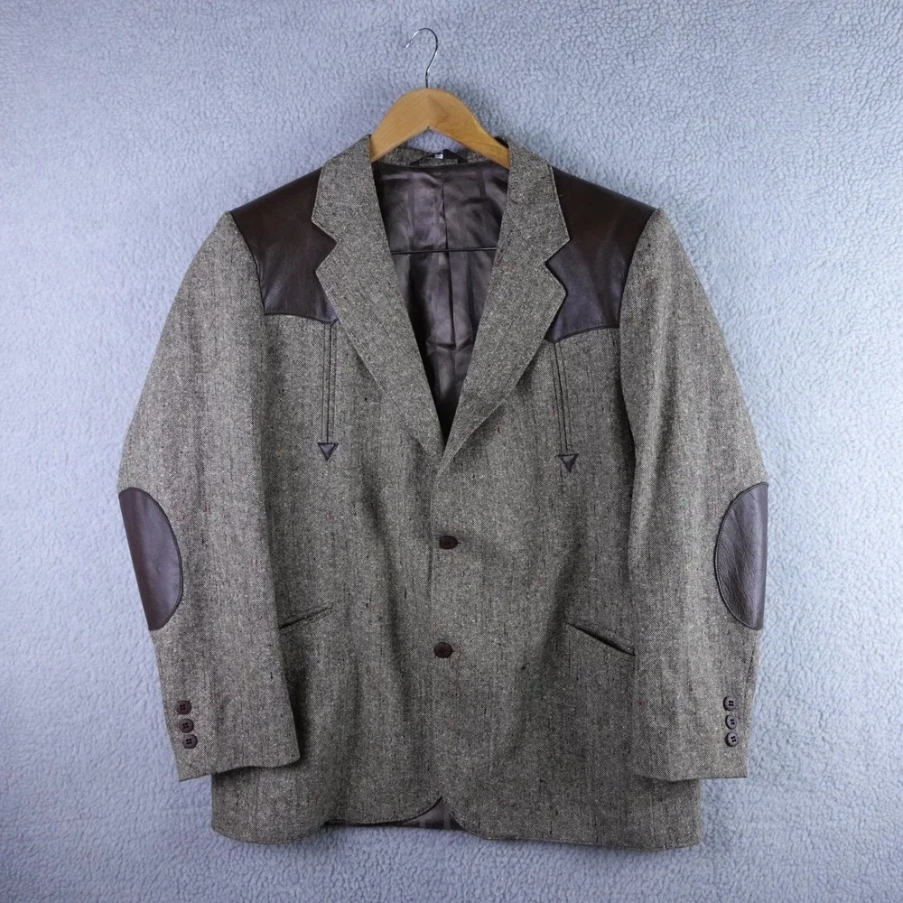 Alamo Moda Hombre Mens 42R Western Tweed Blazer Brown Faux Leather Yoke Elbows
